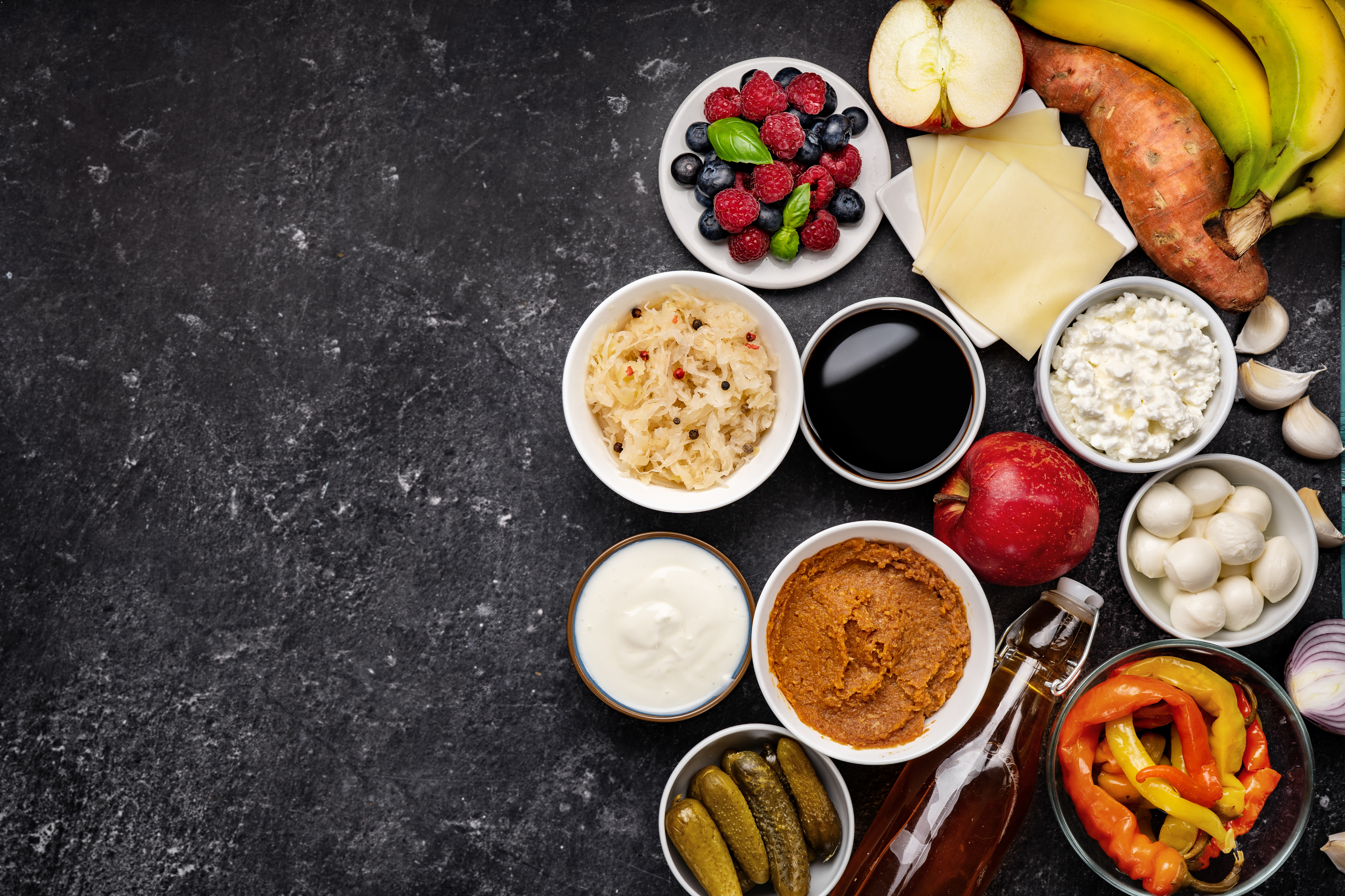 Fermentert mat og prebiotiske råvarer sett ovenfra